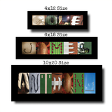 three framed artworks, each with a different size and containing various sports-related images, such as footballs, baseballs, and other sports equipment.