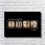 A black and white image of a brick wall with the text "Katie & Justin" and "Lamb" displayed in a creative way, using letters and numbers to represent the words.