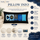 The image is a promotional poster for a personalized, meaningful, and made-just-for-them pillow. It features a pillow with the word "C" made from various materials, such as fabric, linens, and beads, and includes details about the pillow's features and dimensions.