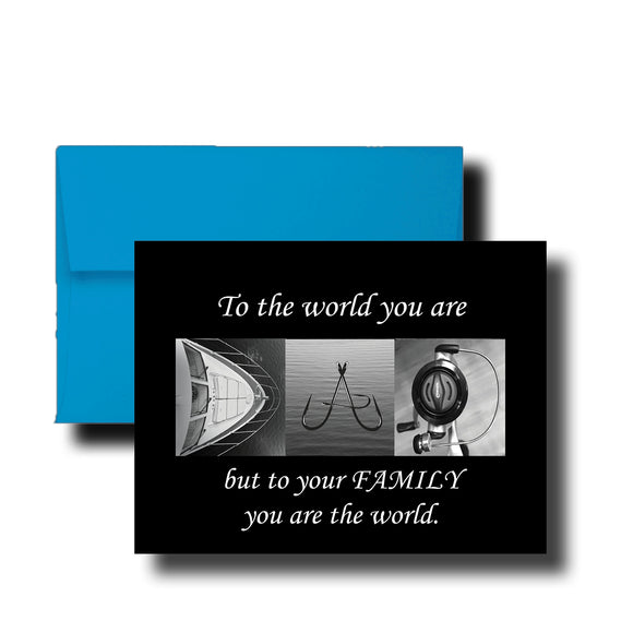 A blue envelope with a black and white photo of a fishing rod and a boat, along with a message that reads 