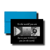 A blue envelope with a black and white photo of a fishing rod and a boat, along with a message that reads "To the world you are but to your FAMILY you are the world."