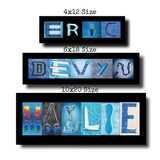 three different sizes of framed artworks, each with a unique design and color scheme. The artworks are arranged in a row, with the largest one being the 4x12 size, followed by the 6x18 and 10x20 sizes. The artworks are designed to resemble letters or words, with various objects and colors used to create the visual representation.