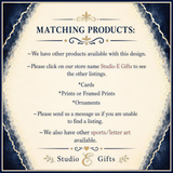 The image is a sign for a store called Studio E Gifts, which offers a variety of products such as cards, prints or framed prints, or ornaments. The sign provides information about the store's offerings and encourages customers to send a message if they are unable to find a listing. The store also offers other sports/letter art products.