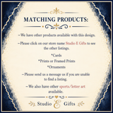 The image is a sign for a store called Studio E Gifts, which offers a variety of products such as cards, prints or framed prints, or ornaments, and sports/letter art. The sign provides information about the available products and instructions for customers to make a purchase or find a listing.