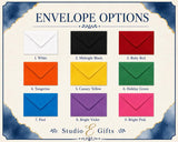 a collection of envelope options, including white, midnight black, red, green, yellow, tangerine, canary yellow, holiday green, pool, bright violet, bright pink, and pool. The text "ENVELOPE OPTIONS" is prominently displayed at the top, and the text "Studio & Gifts" is at the bottom.
