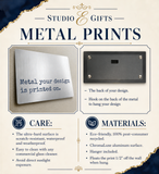 The image is a promotional graphic for metal prints, featuring a close-up of a metal print and a description of the materials used.