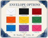 a collection of envelope options, including white, midnight black, red, green, yellow, tangerine, canary yellow, holiday green, pool, bright violet, bright pink, and pool. The text "ENVELOPE OPTIONS" is prominently displayed at the top, and the text "Studio & Gifts" is at the bottom.