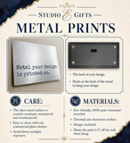 The image is a promotional poster for metal prints, featuring a close-up of a metal print and a description of the materials used.