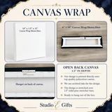 The image is a collage of four photos showcasing a canvas wrap product. The collage includes a close-up of a white canvas wrap, a close-up of a stretched canvas, and two images of the product in different settings.