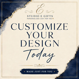 The image is an advertisement for a customizable design service called "Studio E Gifts". It features a large text message that reads "Customize your design today" and a smaller text message that says "Made just for you". The background of the image is a combination of blue and gold colors, creating a visually appealing and elegant design.