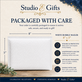 The image is an advertisement for Studio & Gifts, featuring a white bubble mailer with various descriptions of its features.