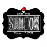 A black and white decorative frame with the word "SENIOR" spelled out in a creative, artistic way.