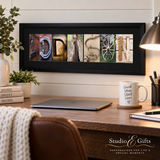 a wooden desk with a laptop, a mug, and some decorative items such as a plant and books. The desk is situated in a room with a wall-mounted frame that displays the word "ADDISON" in a creative and personalized way.