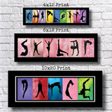 three framed artworks, each featuring silhouettes of dancers performing various poses. The artworks are labeled as "4x12 Print", "6x18 Print", and "10x20 Print".