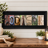 A framed collage of various images arranged to spell out the name "IDSON" on a wooden surface.