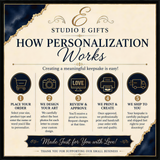 The image is an advertisement for Studio E Gifts, showcasing how personalization works for their gifts. It features a series of steps that guide customers through the process of creating a meaningful keepsake, from placing an order to receiving the final product. The ad emphasizes the ease of creating personalized keepsakes and expresses gratitude for supporting small businesses.