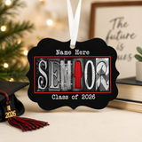 A black ornament with the word "SENIOR" made up of letters, hanging on a string.