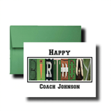 A birthday card with the name "Coach Johnson" spelled out using various sports-related images, such as a football, a baseball, and a basketball.