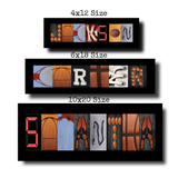 three framed artworks, each with a unique design and color scheme, arranged in a row. The artworks are labeled with their respective sizes, including 4x12, 6x18, and 10x20.