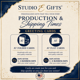 The image is an advertisement for Studio & Gifts, a company that produces and ships greeting cards. It features two types of cards: A7 Folded Cards and A7 Flat Cards, each with different shipping options and descriptions. The ad emphasizes the personalized nature of the gifts and encourages customers to ship quickly so they can share joy with others.