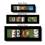 three framed artworks, each with a different size and containing various images related to football. The artworks are labeled as "4x12 Size", "6x18 Size", and "10x20 Size".