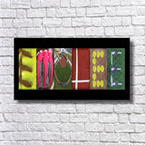 The image is a framed collage of various sports-related images, including a baseball field, a tennis court, and a pair of flip-flops, arranged to spell out the word "Emile".