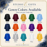 a collection of colorful graduation gowns available for purchase, with each gown in a different color.