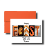 The image is a Halloween-themed greeting card with the word "FIRST" spelled out using various Halloween-related images, such as a jack-o-lantern and a lemon.