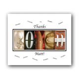 A personalized thanks card featuring various sports equipment, including a football, baseball, and hockey helmet, arranged to spell out the word "Matt!"