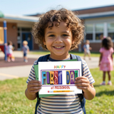A young boy with curly hair is holding a colorful card that says "HAPPY FIRST DATE of PRESCHOOL" in front of a school building.