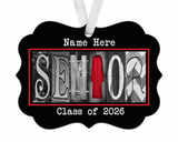 A black and white decorative ornament with the word "SENIOR" spelled out using letters in a creative and artistic way.