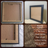 The image is a collage of four photos showing a framing upgrade process. The first photo shows a plain wooden frame, the second photo shows a black frame with a wooden frame, the third photo shows a wooden frame with a burlap background, and the fourth photo shows a wooden frame with a cardboard backing.