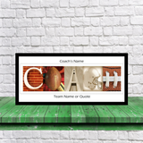 A framed collage of football-related images, including a football, a helmet, and a jersey, arranged to spell out the word "COACH".