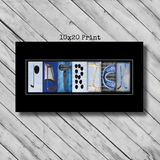 The image is a framed print with the word "Patrick" spelled out using various objects, such as a hockey stick, a net, and a pair of skis.