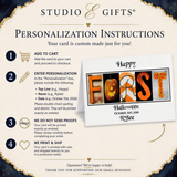 The image is a personalizedization instructions card for a gift, featuring a Halloween-themed design with the word "HAPPY" spelled out in orange and yellow letters. The instructions guide the recipient on how to personalize their card, including adding a card to their cart, entering a name, and printing details. The card also mentions that the card is printed with care and shipped directly to the recipient.