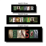 three different framed artworks, each with a unique design and size, featuring the name "JACKSON" made up of various sports-related images.