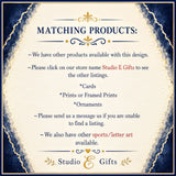 The image is a sign for a store called Studio E Gifts, which offers a variety of products such as cards, prints or framed prints, or ornaments, and sports/letter art. The sign provides information about the available products and instructions for customers to make a purchase or find a listing.