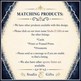 The image is a sign for a store called Studio E Gifts, which offers a variety of products such as cards, prints or framed prints, or ornaments, and sports/letter art. The sign provides information about the available products and instructions for customers to make a purchase or find a listing.