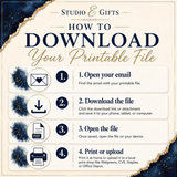 The image is a step-by-step guide on how to download a printable file from an email, with icons and text providing instructions for each step.