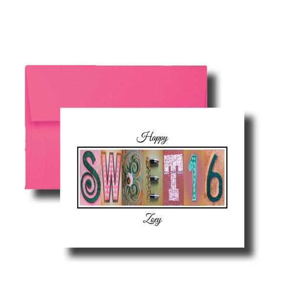 A pink envelope with a white card inside, displaying the word 