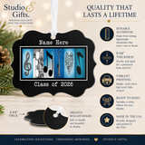 The image is a promotional graphic for Studio & Gifts, featuring a personalized ornament with the text "Quality That Lasts a Lifetime" and a photo of a graduation cap and gown.