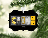 Personalized yellow hockey coach metal Christmas ornament with COACH letter art