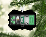 Personalized green hockey coach metal Christmas ornament with COACH letter art