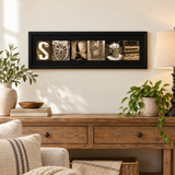 Personalized rustic sepia SOPHIE letter art displayed in a farmhouse living room