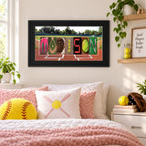 Personalized softball letter art displayed in a softball player's bedroom