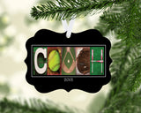 Personalized softball coach metal Christmas ornament with COACH letter art