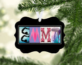 Gymnastics letter art Christmas ornament displayed as a personalized keepsake