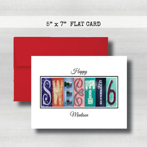 Personalized Sixteen Birthday Card ~ Flat Cards ~ Blue & Red