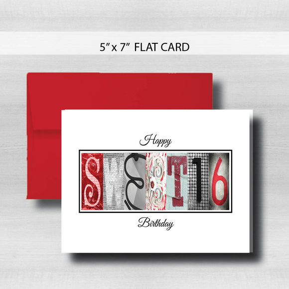 Sweet 16 Birthday Card ~ Flat Cards ~ Red Black
